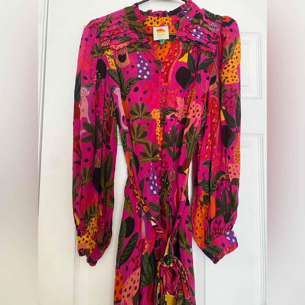 FARM RIO Pop Leopards Long Sleeves Dress Pink Viscose Sz M - Picture 6 of 16
